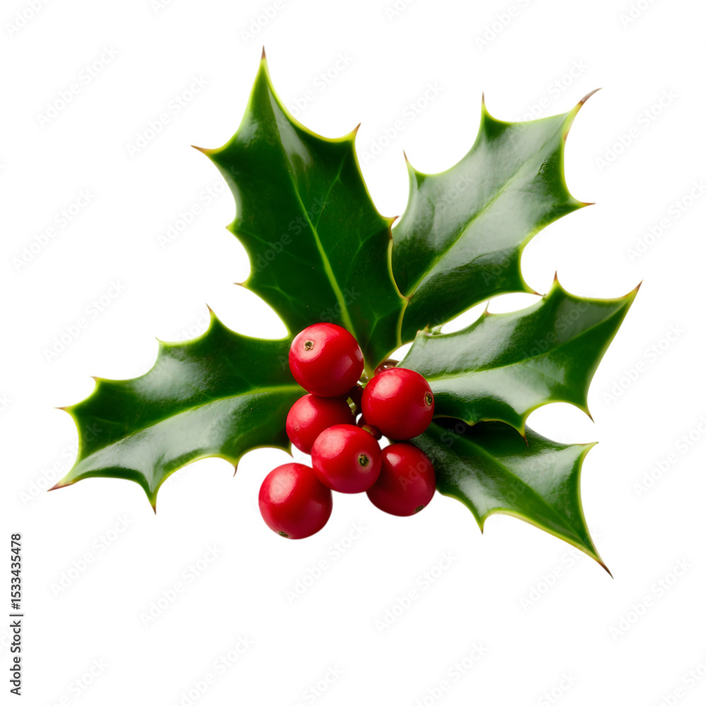 Fresh holly leaves with red berries on white background. Winter natural decoration. Ai Generated Images Fresh holly leaves with red berries on white background. Winter natural decoration. Ai Generated Images