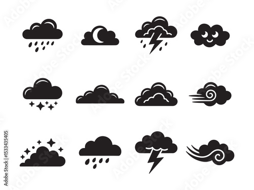 Vector Set of Various Weather Cloud Icons, A collection of simple, black and white weather icons, depicting different cloud types and weather phenomena.