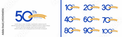 set of anniversary logo style yellow ribbon. vector design blue color for celebration