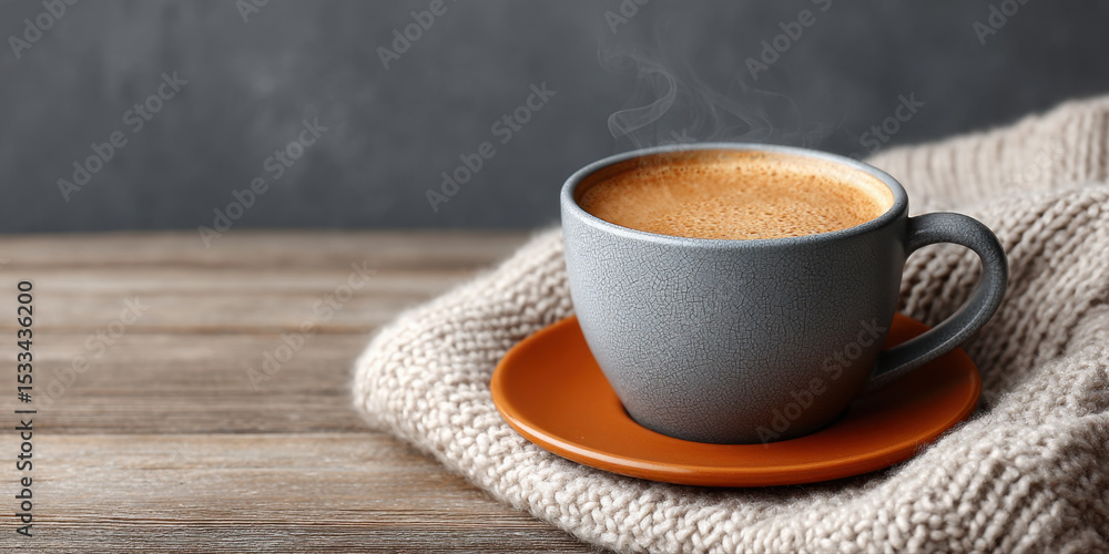 Obraz premium Steaming hot coffee in gray cup on orange saucer resting on cozy knitted beige blanket on wooden table, evoking warmth and comfort