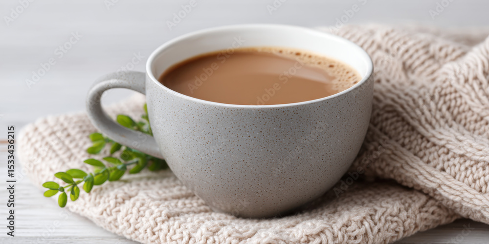 Warm cup of coffee in gray ceramic mug resting on cozy knitted beige blanket with small green plant nearby, evoking comfort and calm Warm cup of coffee in gray ceramic mug resting on cozy knitted beige blanket with small green plant nearby, evoking comfort and calm