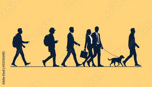 Group of Silhouetted People Walking with Dog on Yellow Background | Business Commuters and Urban Lifestyle Illustration for Corporate Communication and Marketing