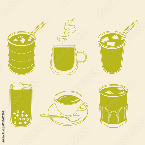 Set of original hand-drawn beverage illustrations in a minimalist style. Vector illustrations of glasses with drinks for posters, cards, cafe menus, and graphic design.