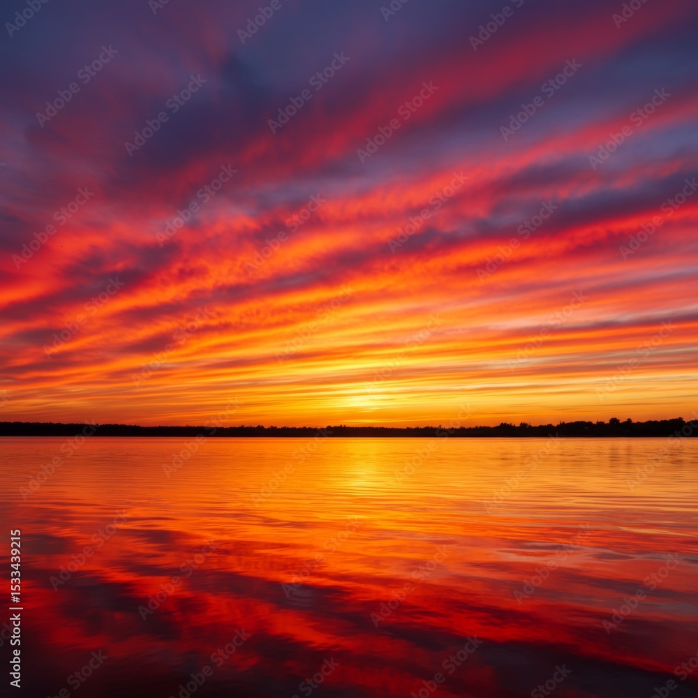 Vibrant Red And Orange Sunset Over Calm Water Vibrant Red And Orange Sunset Over Calm Water