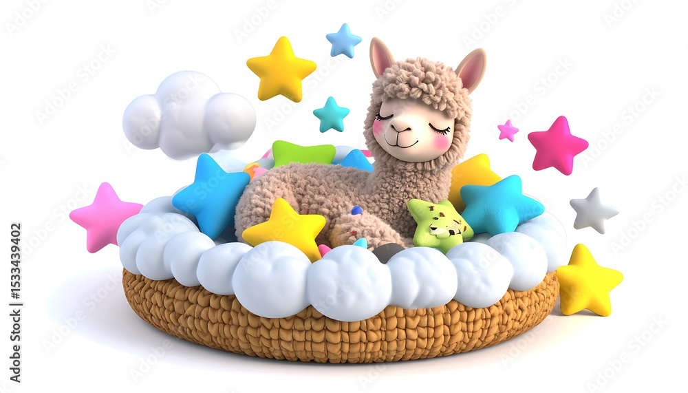 Fototapeta premium A cartoon alpaca snuggled in a fluffy bed, surrounded by plush toys and stars,