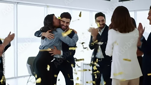 Group of diverse professionals Celebrating with Confetti in Bright Office Space