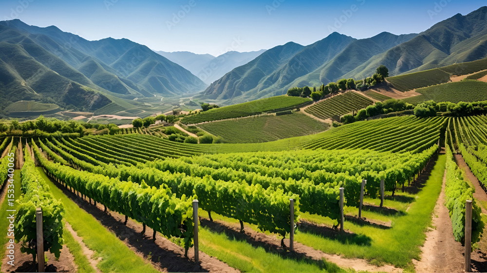 Fototapeta premium Breathtaking view of a verdant vineyard surrounded by towering mountains the rows of grapevines heavy with an abundant harvest of ripe juicy grapes ready for the winemaking process