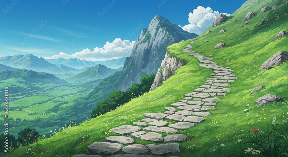 Fototapeta premium Idyllic Nature View with Hills and Distant Village - Anime Inspired