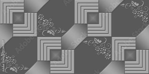 Fototapeta Naklejka Na Ścianę i Meble -  3d mould ceramic tiles art. Digital home decorative art wall tiles design background. Dark gray and light gray combination. Embossed tiles. Ceramic Wall tiles 3d Punch Design.	
