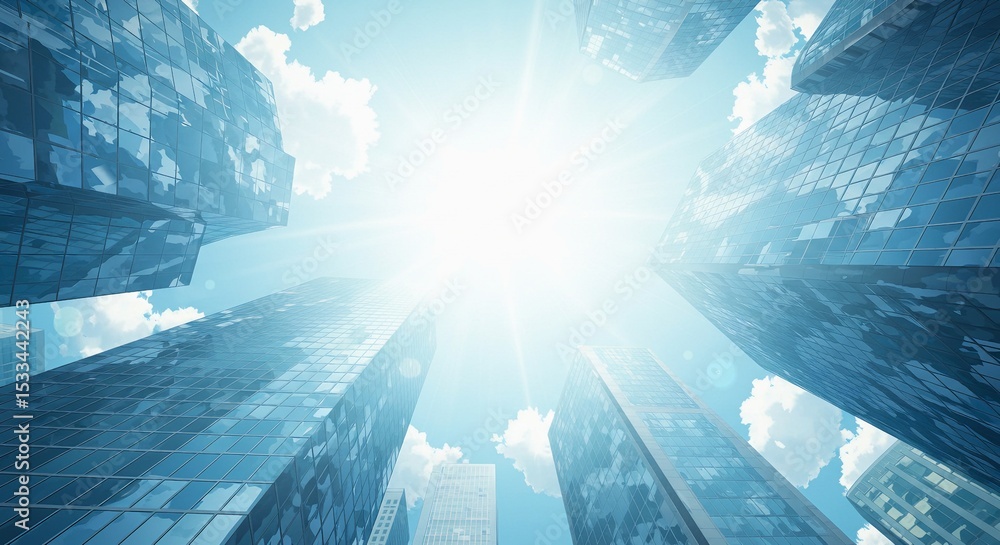 Fototapeta premium Urban Skyline View from Below - Anime Aesthetic