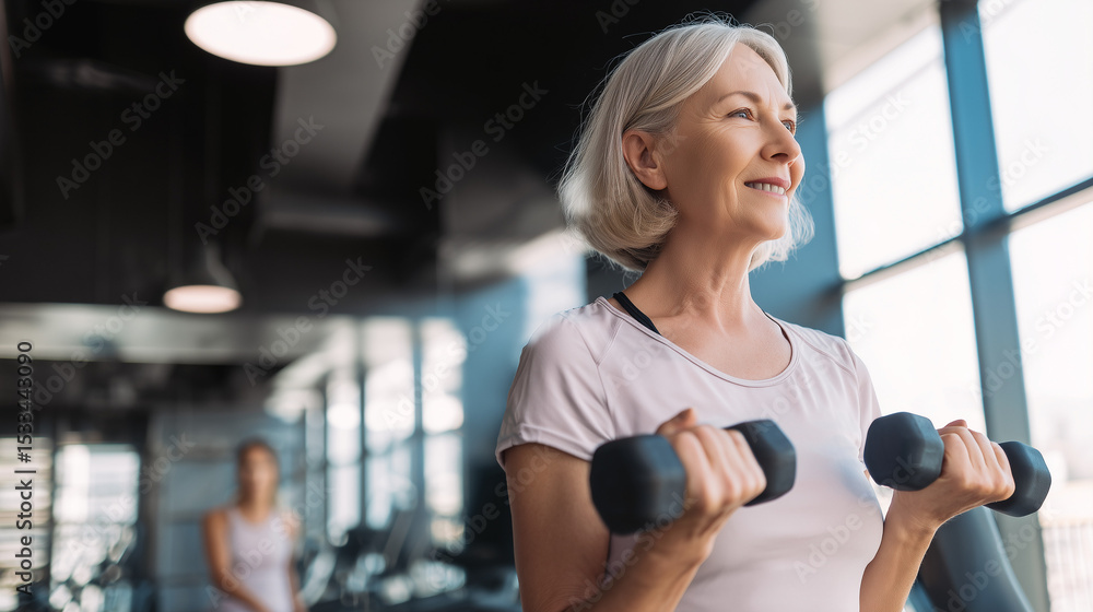 An aged woman works out inthe gym, manifesting a healthy aging lifestyle An aged woman works out inthe gym, manifesting a healthy aging lifestyle