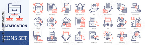 Datafication icon set vector Dual Thone Style repositor, data mining, metadata, data warehouse, data, data extraction, data sharing, data cleaning, lifecycle, data privacy, data discovery