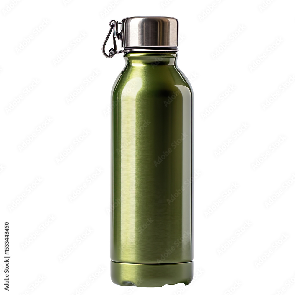 Green Stainless Steel Water Bottle with Clip Lid on Transparent Background Green Stainless Steel Water Bottle with Clip Lid on Transparent Background