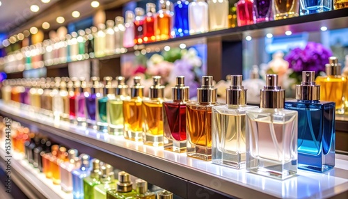 Colorful perfume bottles on shelves