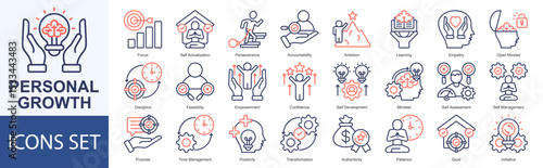 Personal Growth icon set vector Dual Thone Style focus, self actualization, perseverance, accountability, ambition, learning, empathy, open minded, discipline, feasibility, empowerment
