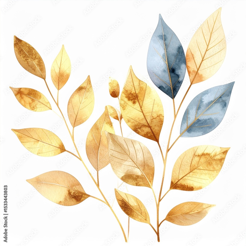 Obraz premium Watercolor Gold and Blue Autumn Leaves Branch