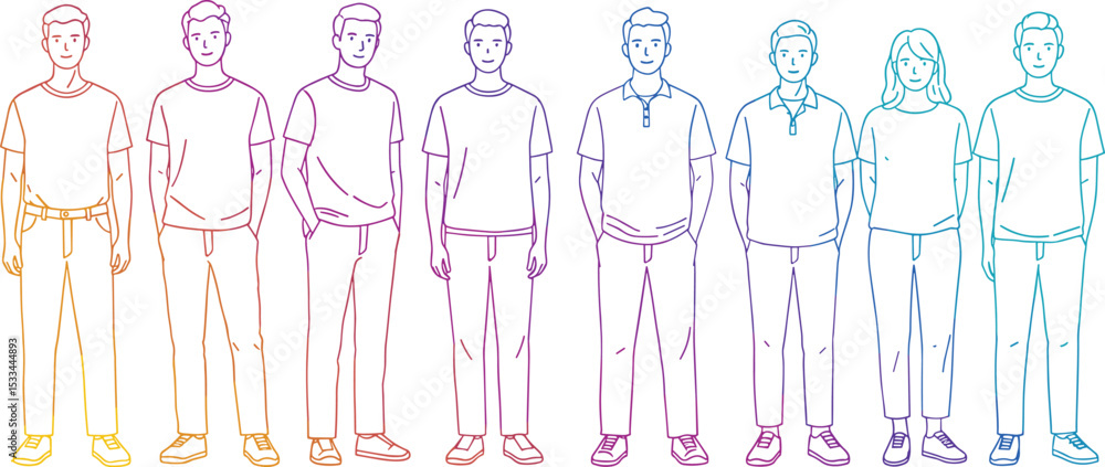 Group of young people standing in line, outline vector style showing diversity, teamwork, unity, modern fashion, casual clothing, gender inclusion Group of young people standing in line, outline vector style showing diversity, teamwork, unity, modern fashion, casual clothing, gender inclusion
