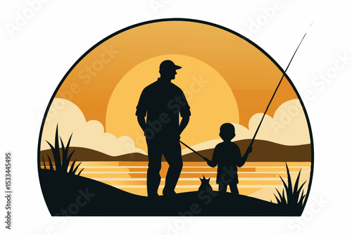 Father and son fishing at sunset, a heartwarming family scene for Father's Day cards