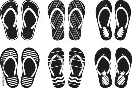 Flip-Flop Sandals Collection Silhouette – Summer Beach Footwear Vector Set