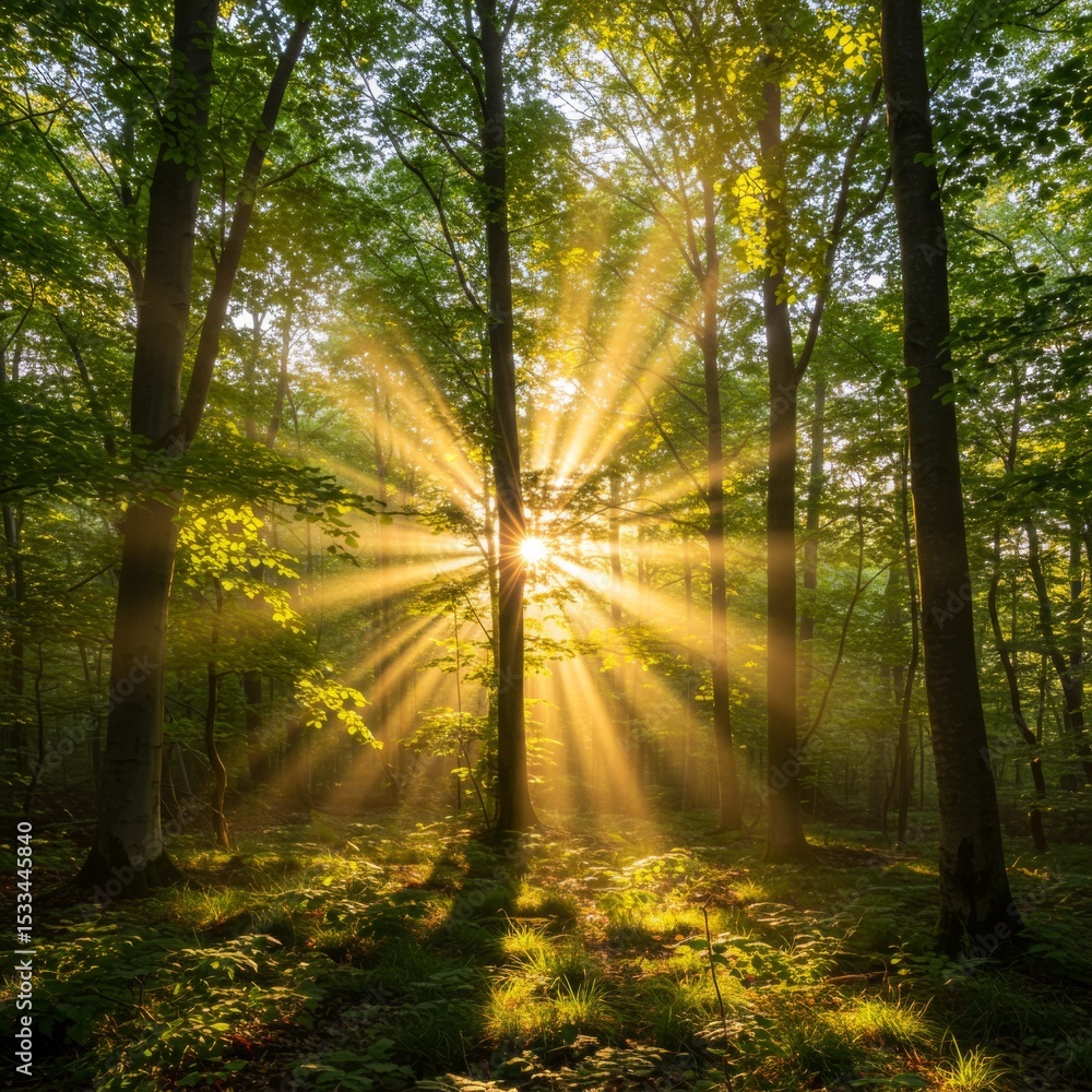 Obraz premium Sunbeams Streaming Through Lush Green Forest