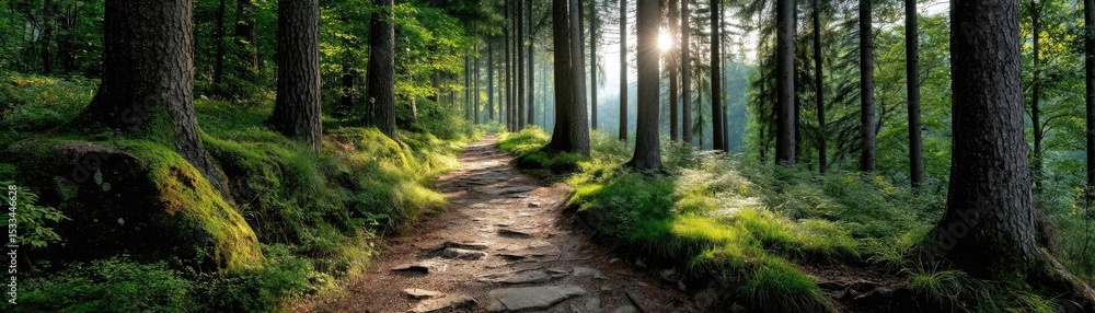 Fototapeta premium Nature escape through therapy with serenity and peace concept. A serene forest path illuminated by soft sunlight.