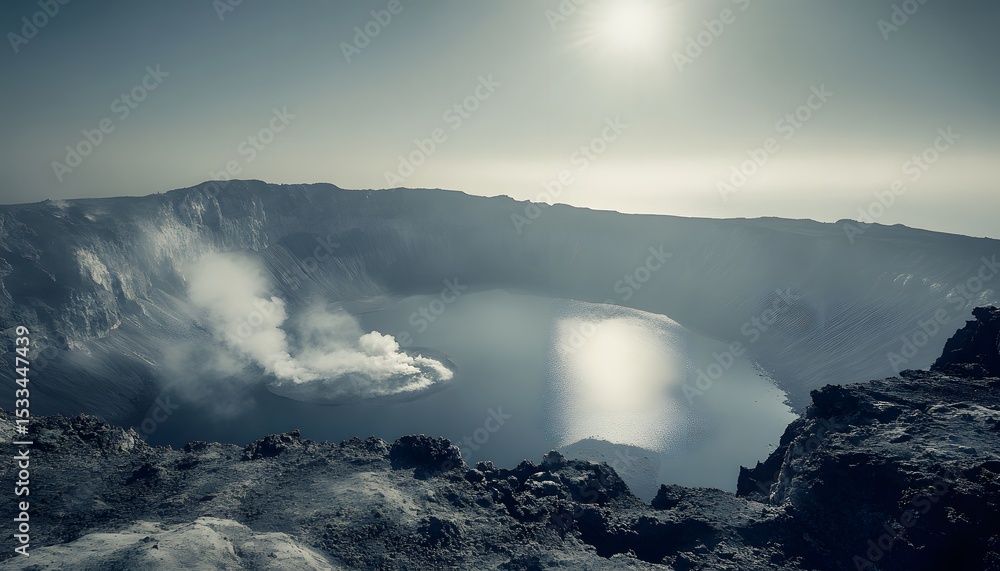 Obraz premium Volcanic crater lake with plumes of smoke.