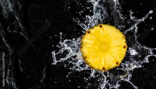黒いベルベットのような背景の上で、鮮やかなパイナップルの一片が渦巻く水しぶきに包まれ、上から見下ろした躍動感あふれる瞬間

