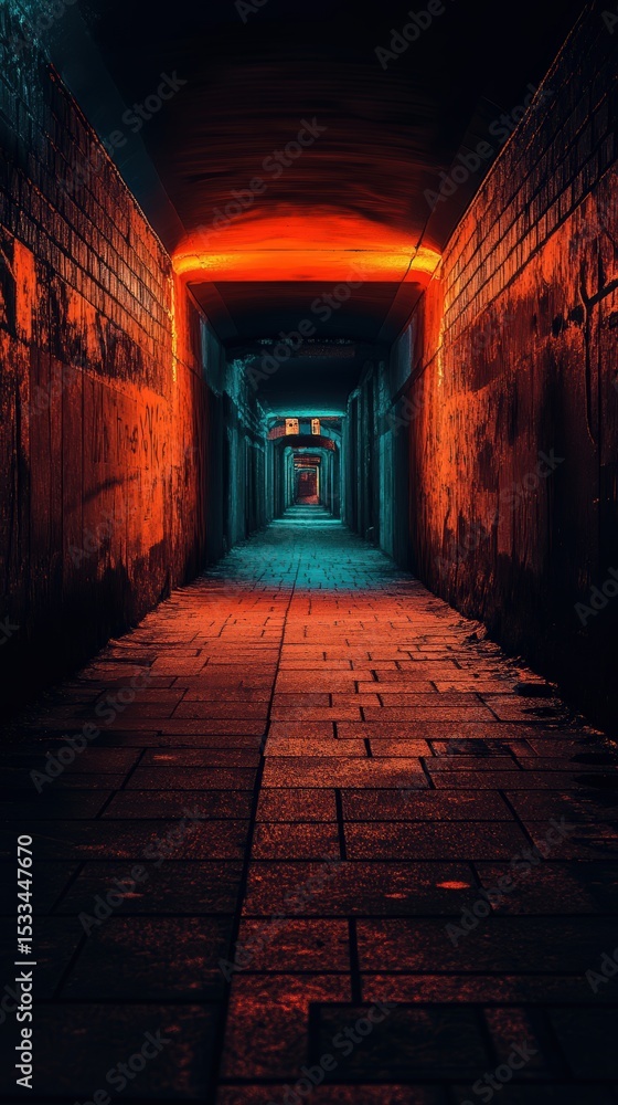 Obraz premium Mysterious illuminated passage with brick walls evoking feelings of suspense