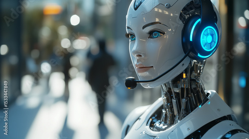 Medium shot of a female humanoid robot call center agent wearing a headset with one microphone