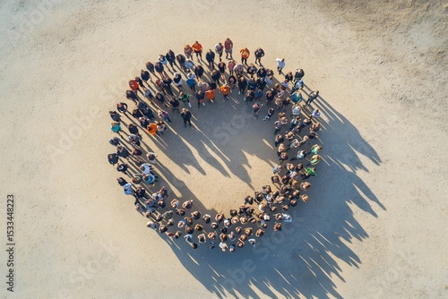 Overhead shot of a group of people forming a circle shape on sandy ground