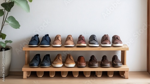 Neat row of various men's leather shoes on a wooden shoe rack against a white wall.