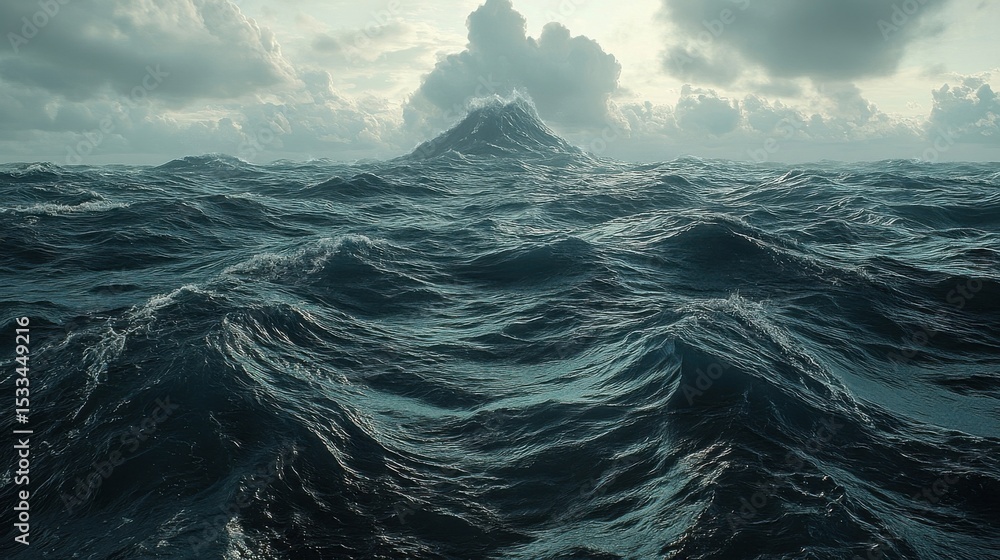 Fototapeta premium Scenic Ocean Waves Under Cloudy Sky and Mountain in Background Landscape