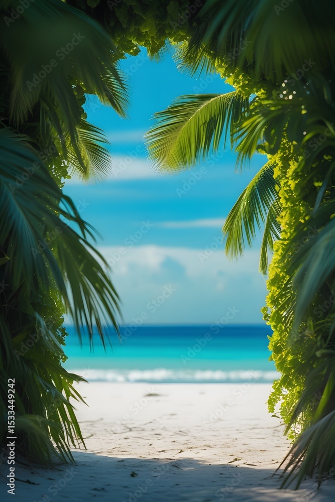 Fototapeta premium Tropical beach with palm trees by the ocean and clear sky