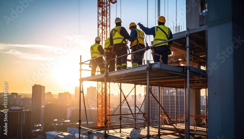 Construction workers on scaffolding at sunrise