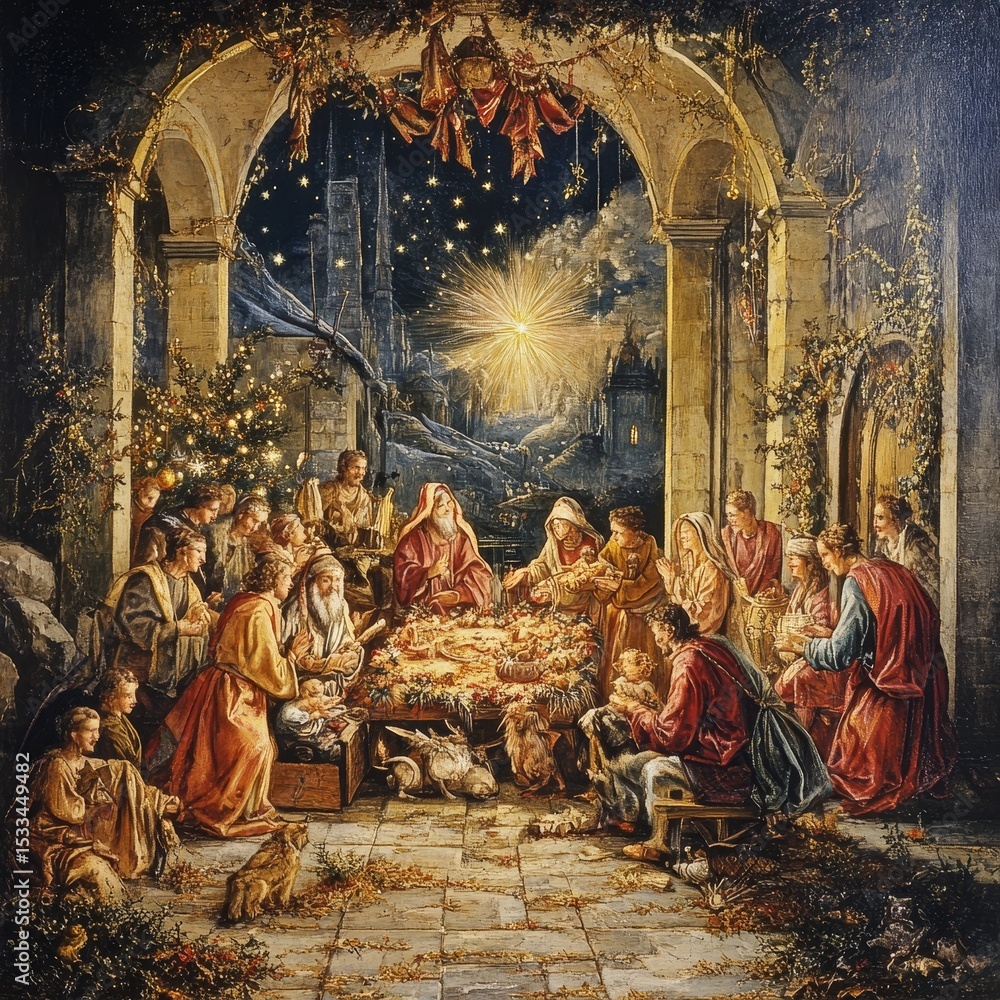 Naklejka premium The Adoration of the Magi with a Starry Night and Christmas Tree