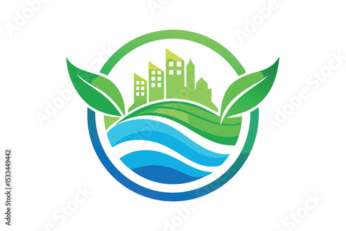 Eco-friendly urban landscape design featuring green elements and water
