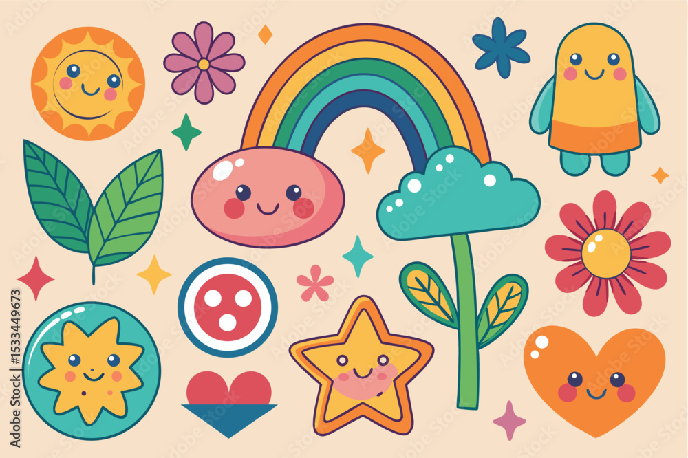 Naklejka premium Colorful doodles featuring cheerful designs and playful elements suitable for children's decor and activities