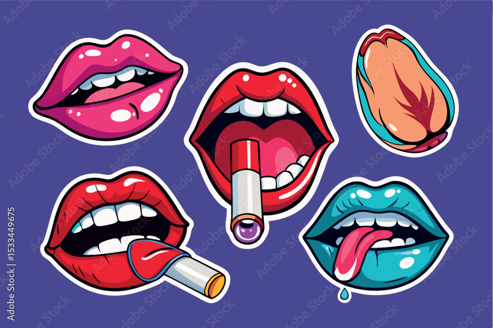 Bold and playful lip art featuring various expressions and colors Bold and playful lip art featuring various expressions and colors
