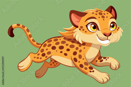 Cheerful cartoon leopard cub frolicking on green background