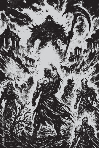 Kronos stands towering in flames as his six children confront him in a mythic showdown an epic scene of the Titanomachy in bold monochrome.
