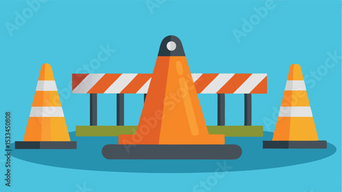 Construction area with traffic cones and barriers in a vibrant setting