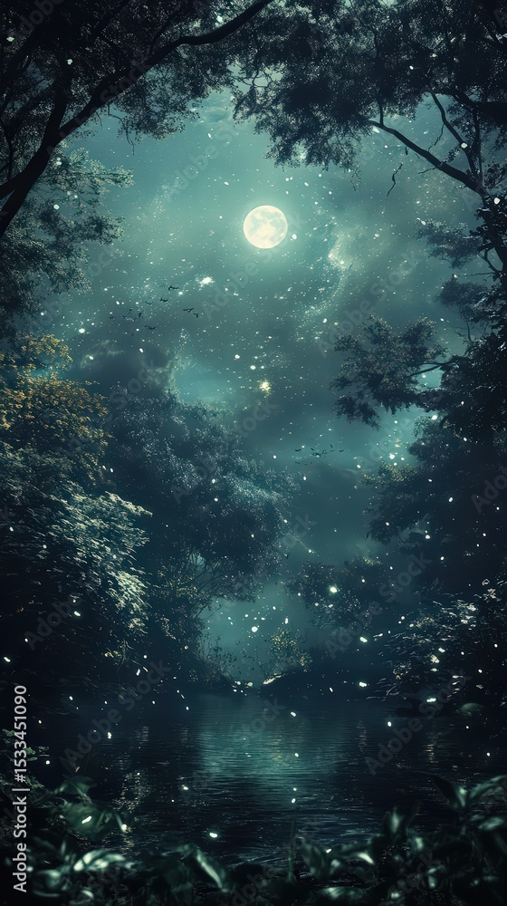 Naklejka premium Mystical moonlit serenity a tranquil night scene in an enchanting forest realm
