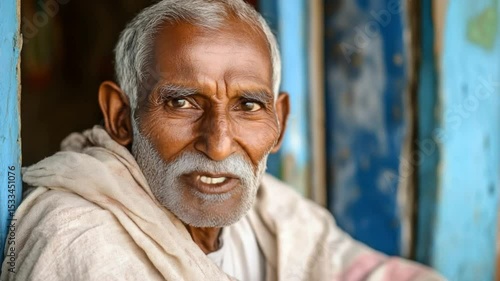 Portrait of an elderly indian man with a white beard in a rustic setting, smiling and happy