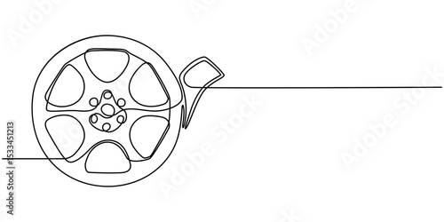 film canister reel continuous one line drawing, Film Strip Line art, One continuous line drawing of filmstrip. Retro old movie and cinema roll in simple linear style. Vintage video film strip