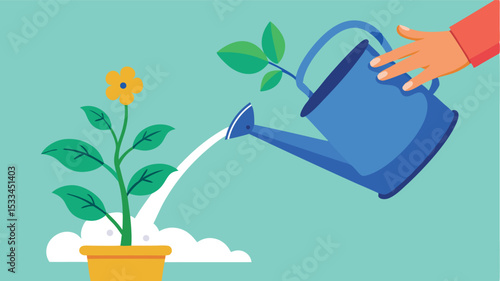 Watering a potted plant with a blue watering can during a sunny day