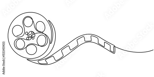 film canister reel continuous one line drawing, Film Strip Line art, One continuous line drawing of filmstrip. Retro old movie and cinema roll in simple linear style. Vintage video film strip