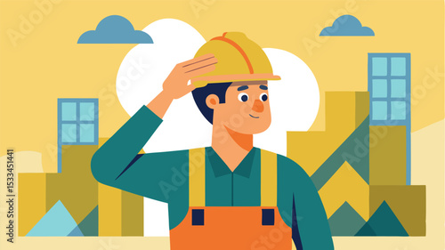 Worker in safety gear salutes on construction site with buildings in background during daytime