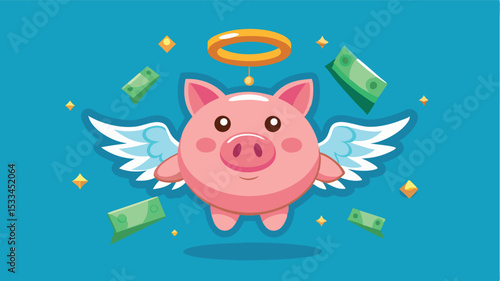 Cute cartoon pig with wings and halo flying among money