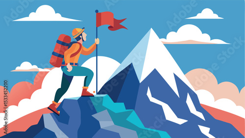 Climber reaching summit on a mountain in bright colors during daytime