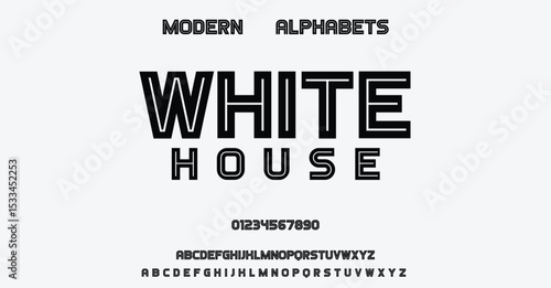 Modern font alphabet from White  line, technology letters A, B, C, D, E, F, G, H, I, J, K, L, M, N, O, P, Q, R, S, T, U, V, W, X, Y, Z and numerals 0, 1, 2, 3, 4, 5, 6, 7, 8, 9, vector illustration 1
